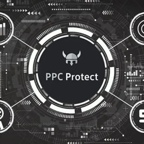 PPC Protect logo in the centre of a dark technology dashboard graphic
