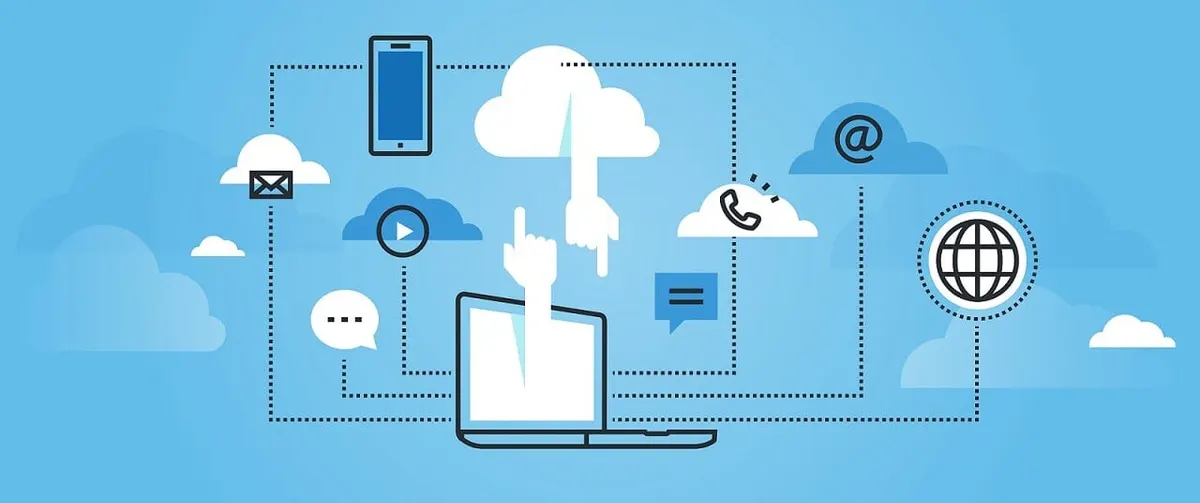 Illustration of a laptop connected to cloud, email, phone, video and web icons