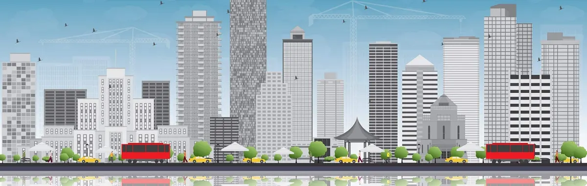 Illustration of a city skyline with red buses and construction cranes