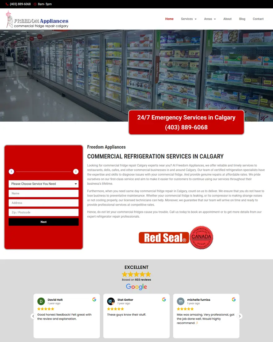 Commercial Fridge Repair Calgary website by Two Trees Studio
