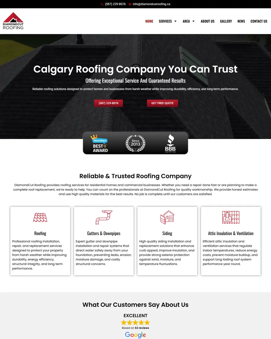 DiamondCut Roofing website by Two Trees Studio