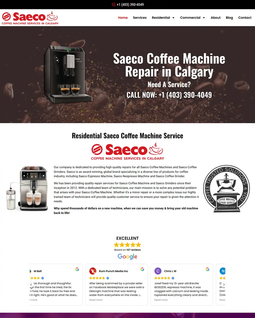 Saeco Coffee Machine Repair website by Two Trees Studio