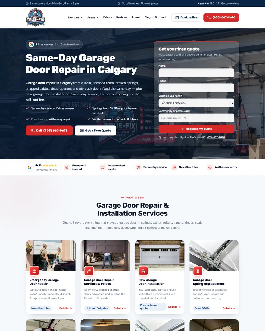 TrueFix Garage Doors website by Two Trees Studio